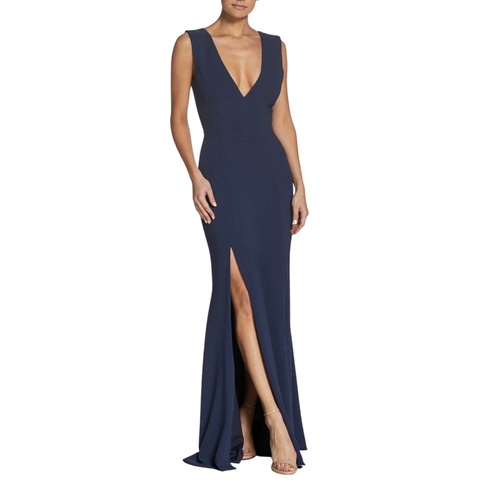 NEW Dress the Population Sandra Plunging V Neck Gown in Midnight Blue - Picture 3 of 4
